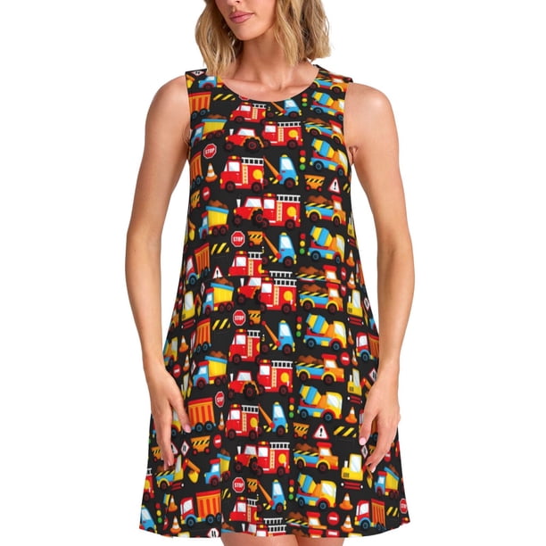 Balery Construction Truck Vestidos de verano para mujer con estampado: vestido holgado sin mangas, vestido playero informal y cómodo para días calurosos.