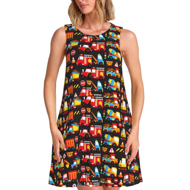 Fotbe Construction Truck Vestido de Verano sin Mangas para Mujer – Vestido Midi Línea A, Estilo Camiseta Floral, Vestido Playero Casual y Fluido
