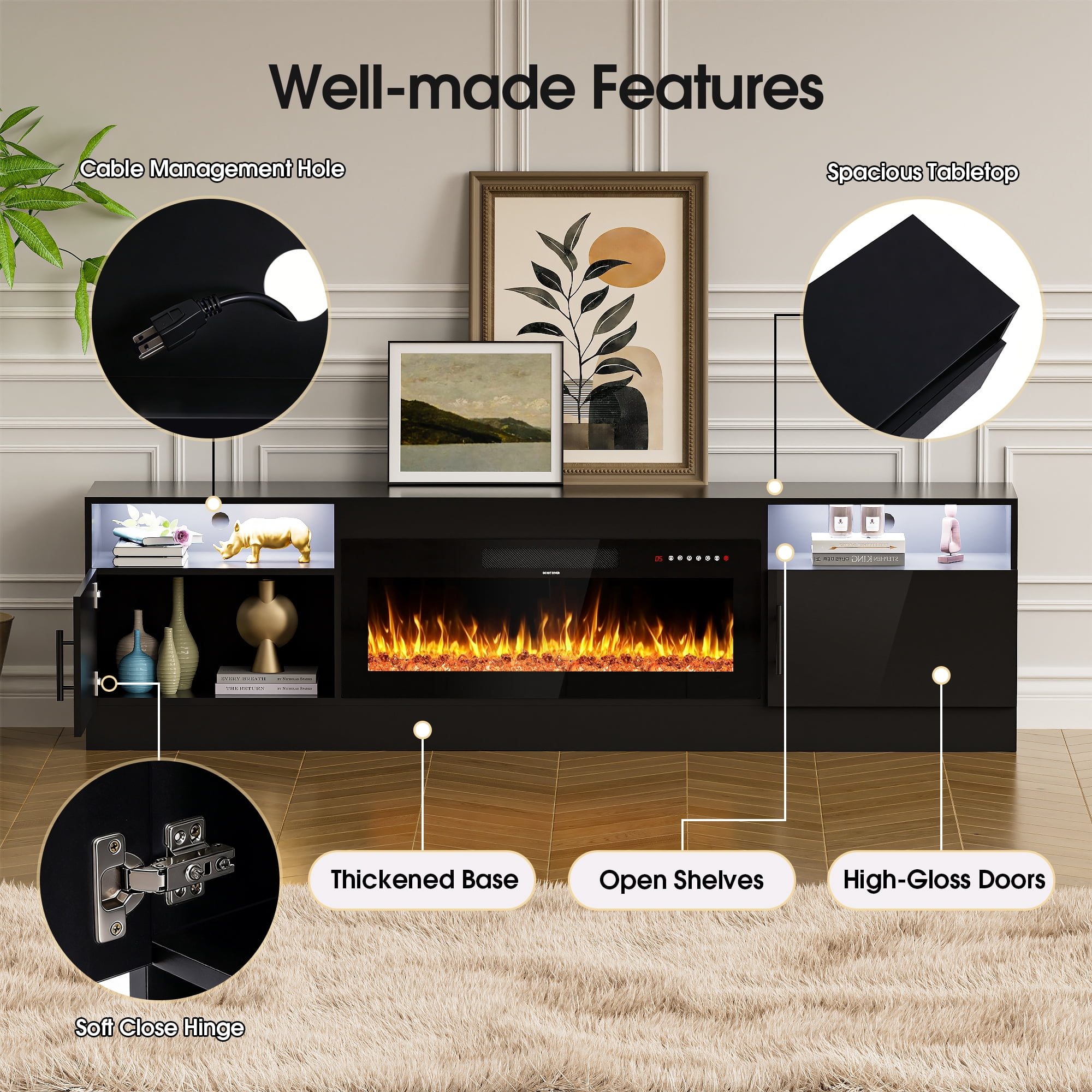 HARIPUL 80” TV Stand with 36" Electric Fireplace for TVs Up to 90 inch, LED Light Entertainment Center with High Gloss Door, Modern Media Console Cabinet for Living Room