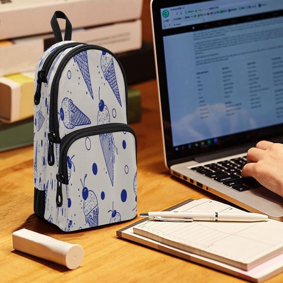 Backpack Pencil Case, 3 Compartment Large Capacity Oxford Fabric Pencil Pouch / Navy Ice Cream Sketch Print