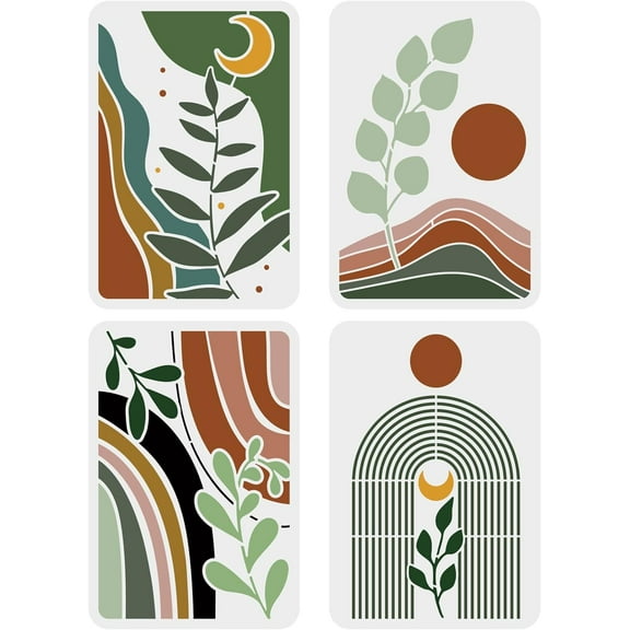 4PCS Boho Sunrise Stencil 11.7x8.3 inch Tropical Plant Leaves Stencil Sun Moon Reusable Stencils Large Valley Scene Stencils Template River Painting Stencil for Wood Canvas Paper