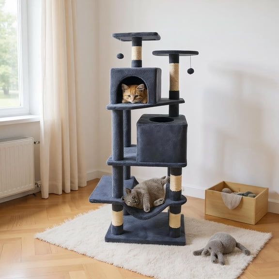 Yardi Yarda 57" Cat Tree w/Dual Condos, Hammock & 2 Balls, Corner Cat Tree, Cat Climbing Tower, Cat Towers for Indoor Cats-Gray