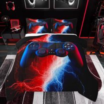 jejeloiu 3D Console Lovers Full Size Comforter Sets,Modern Video Game Bedding Comforter Set,Red Blue Lightning Bedding Sets For Boy,Super Cozy Room Decor Reversible,3 Pieces