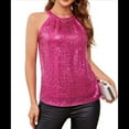thumbnail image 3 of Tops de Lentejuelas con Cuello Halter para Mujer, Sin Mangas, Brillantes, Fruncidos, Fluidos y Brillantes, para Club, Fiestas. Rosa Roja S, 3 of 7
