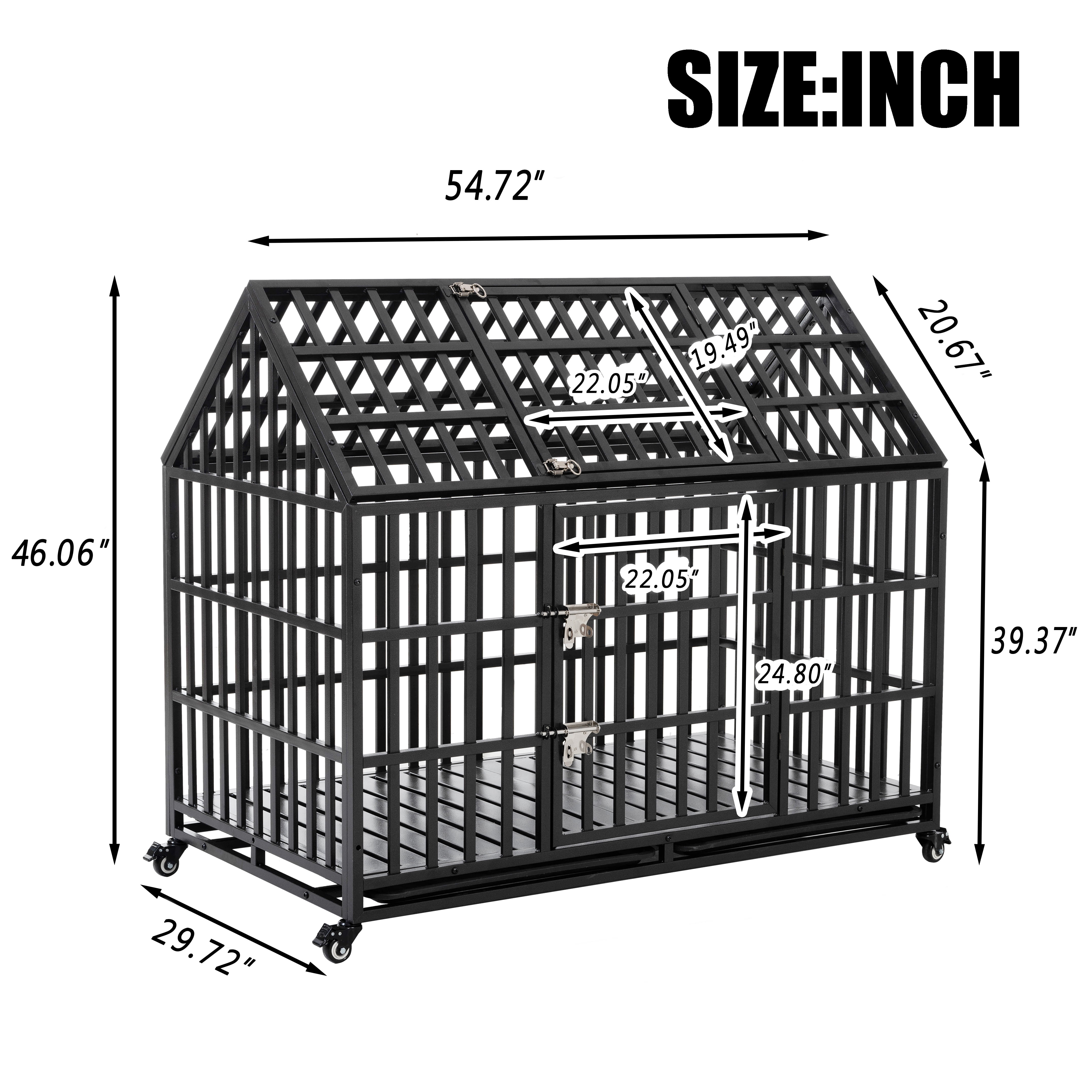 55 Inch Heavy Duty Dog Crate with 4 Lockable Wheels, Large Carbon Steel Dog Cage with Peaked Roof & Removable Tray, Indoor/Outdoor Pet Kennel, Black