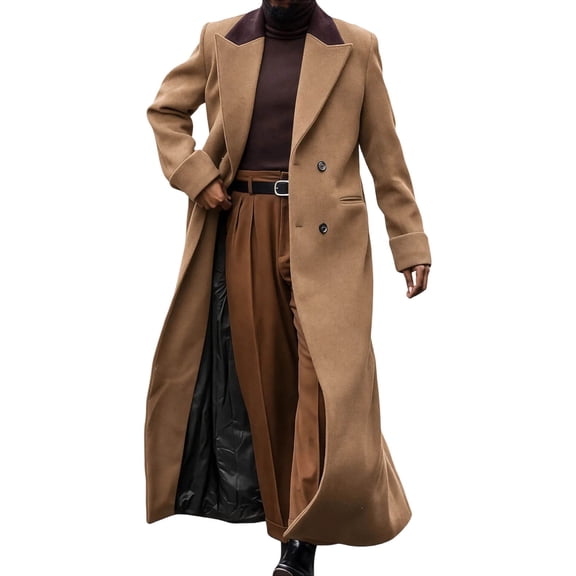 Smupbvky Mens Long Trench Coat Tweed Double Breasted Overcoat Notch Lapel Winter Trendy Casual for Work Everyday (XL, Brown)