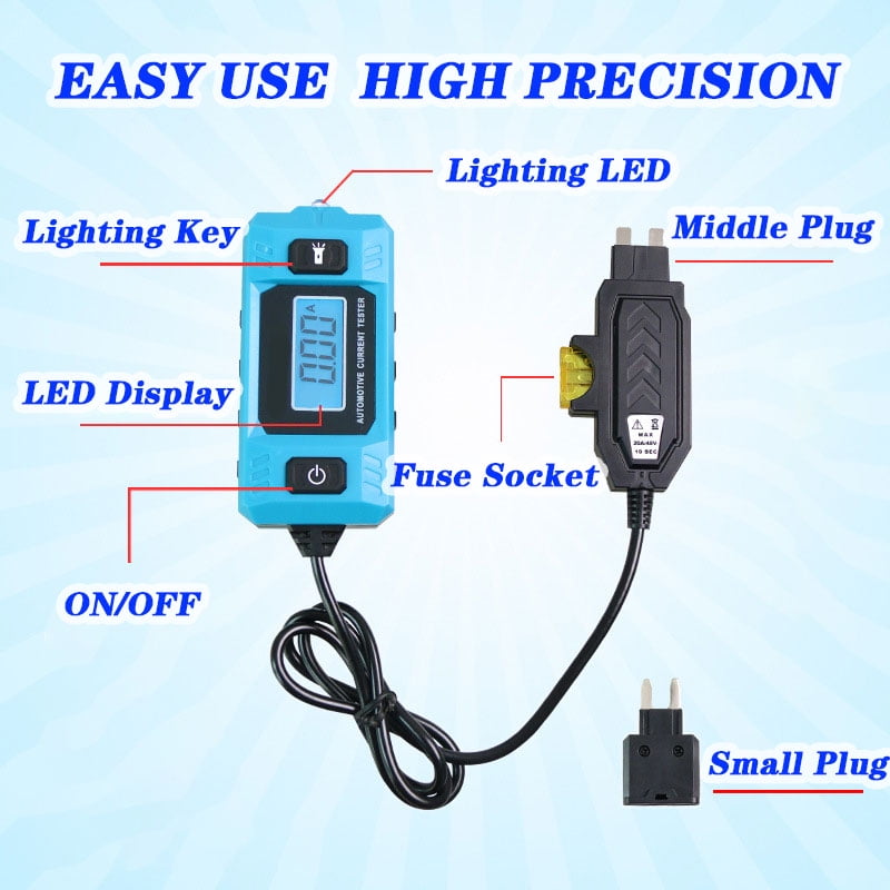 Ferjadq Automotive Circuit Fault Probe Tester Portable High Precisions 20A 48V Car Current Relay Blades Checker with LED Display Lighting for Various Vehicles