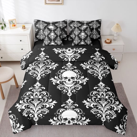 Homewish Spooky Halloween Skull 7-Piece Twin Bedding,Retro Damask Bedding Comforter Set,Black White,Black Reversible