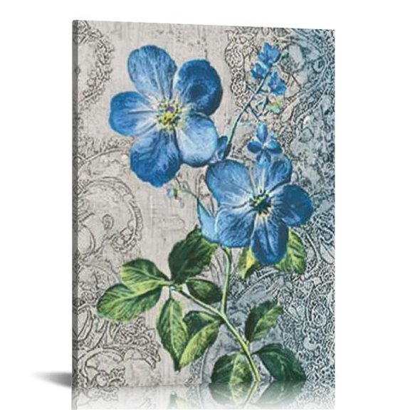 Acheng Bathroom Decor Blue Flowers Canvas Wall Art Pictures Florals Blossom Painting Grey Wildflowers Botanical Framed for Bedroom Living Room Dinning Room Home Office Wall Decor 12x16 in