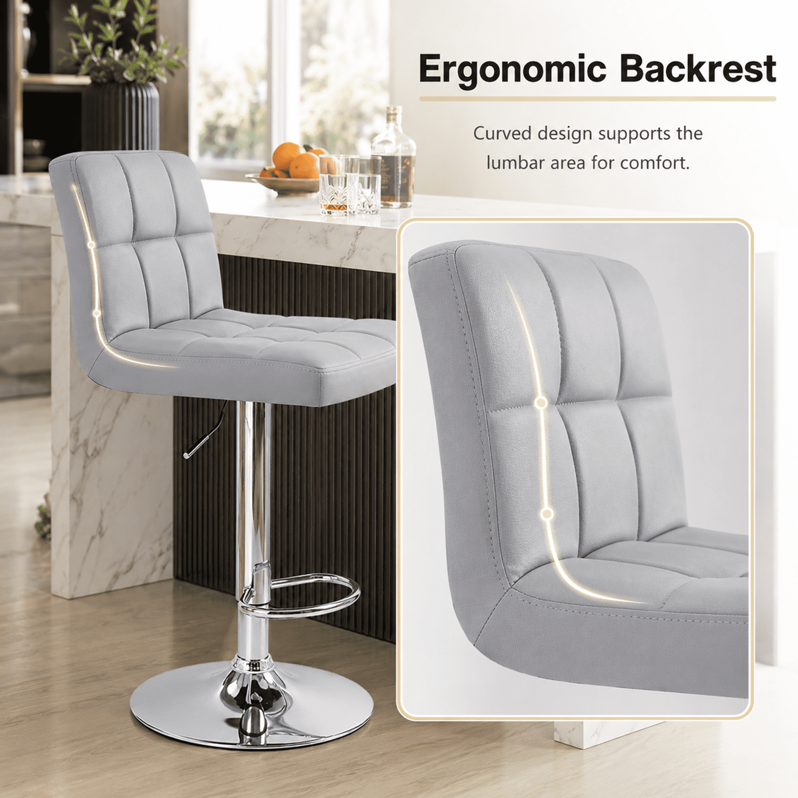 Alvantor 2-Pack Bar Stools, PU Leather Height Adjustable Swivel/ Armless Barstools, Hydraulic Kitchen Counter Height Bar Chairs, Made of Waterproof Polyurethane Leather Material