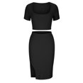 thumbnail image 5 of KIHOUT Women 2 Piece Summer Ribbed Outfit Square Neck Short Sleeve Cropped Top High Waist Slit Midi Bodycon Skirt Casual Matching Set For Club Party Dating, 5 of 8