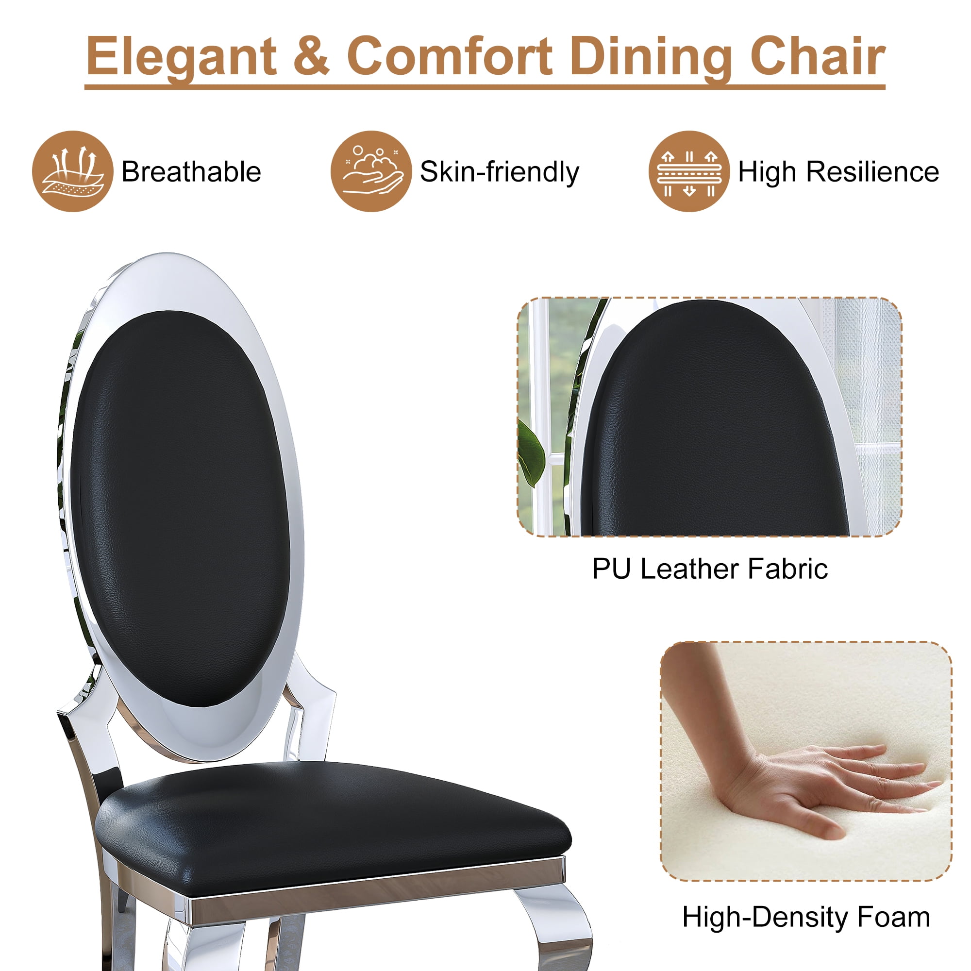 Luxury Dining Chairs Set of 2, Oval Back PU Upholstered Chairs with Stainless Steel Cabriole Legs, Dining Chairs for Kitchen, Living Room, Office