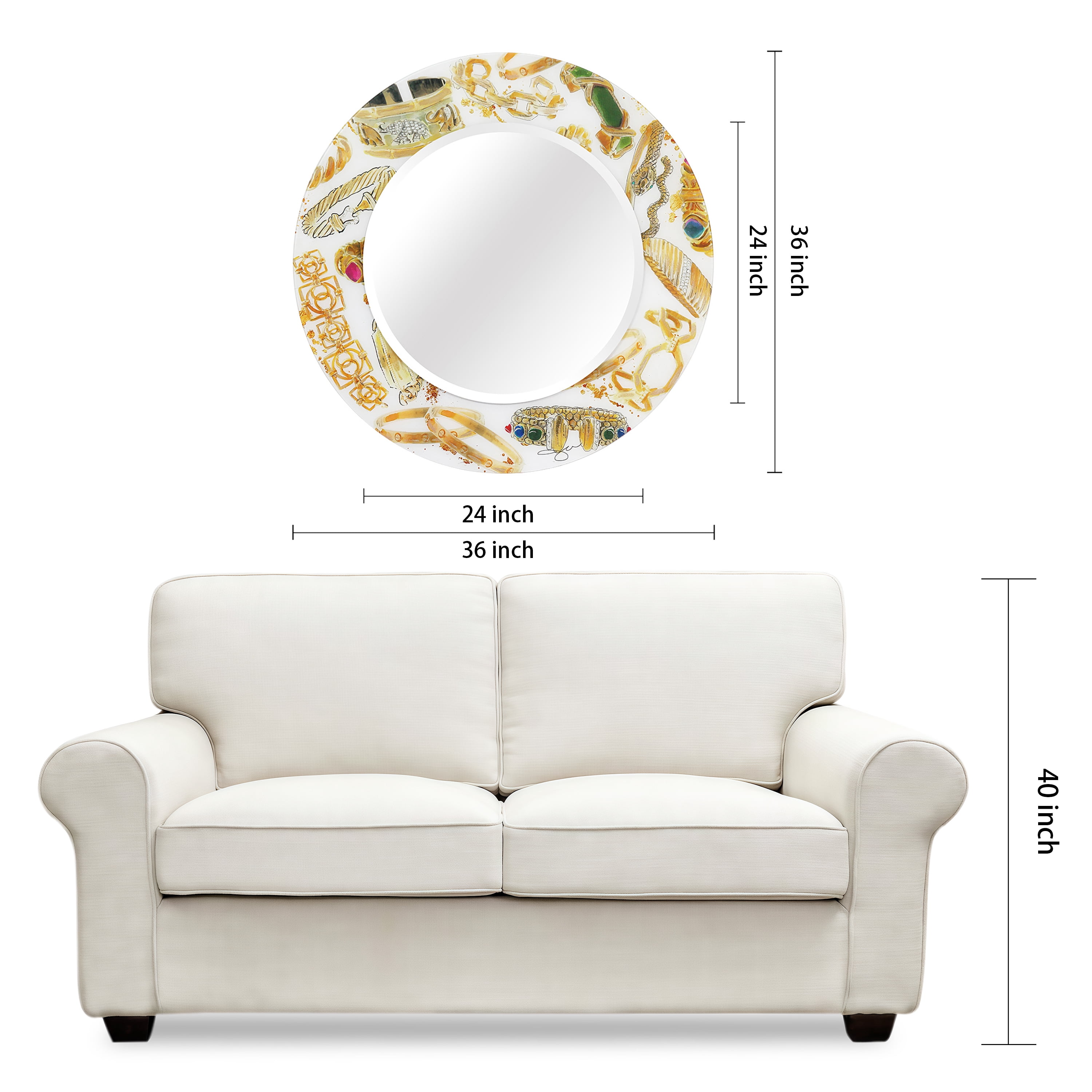 Empire Art Direct 36" Square Reverse Printed Tempered Art Glass with 24" Round Beveled Mirror - 36 in. x 0.4 in. x 36 in. Gold Gold, White