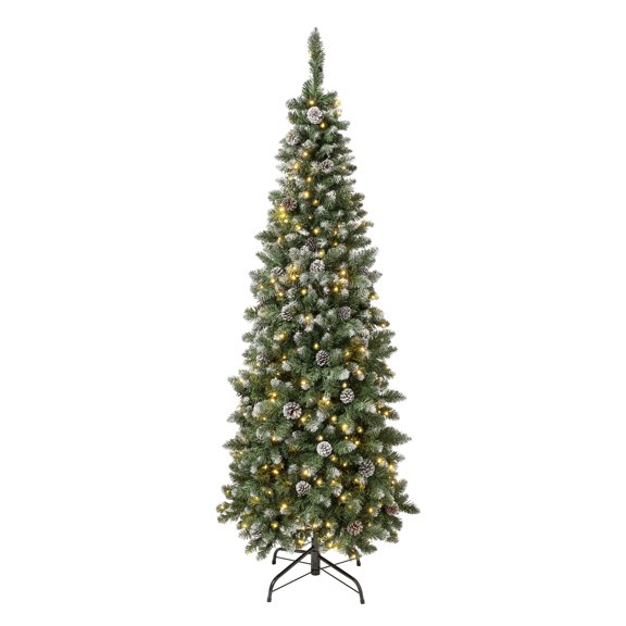 National Tree Company 6 ft. Pre-Lit Artificial Slim Christmas Tree, Green, Oakley Hills Snow, Pine Cones, 250 Warm White LED Lights, Includes Stand