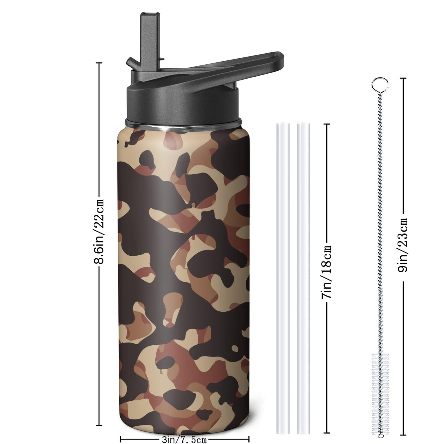 Camouflage Insulated Stainless Steel Water Bottle with Straw & Cleaning Brush – 18/32/40 Oz | Leakproof, BPA-Free, 304 Stainless Steel, Wide Mouth, Travel Mug for Car, Gym, Office