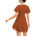 thumbnail image 4 of Aiyino Women's Dress Deep V-Neck Short Sleeve Waist Tie Ruffle Mini Swing Skater Dresses,Brown, 4 of 9