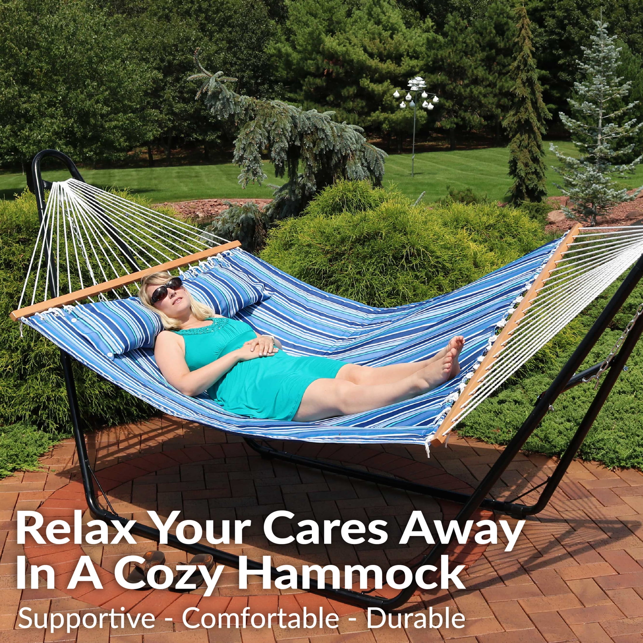 Sunnydaze 2-Person Quilted Polyester Spreader Bar Hammock, 450 lb Capacity - Breakwater Stripe
