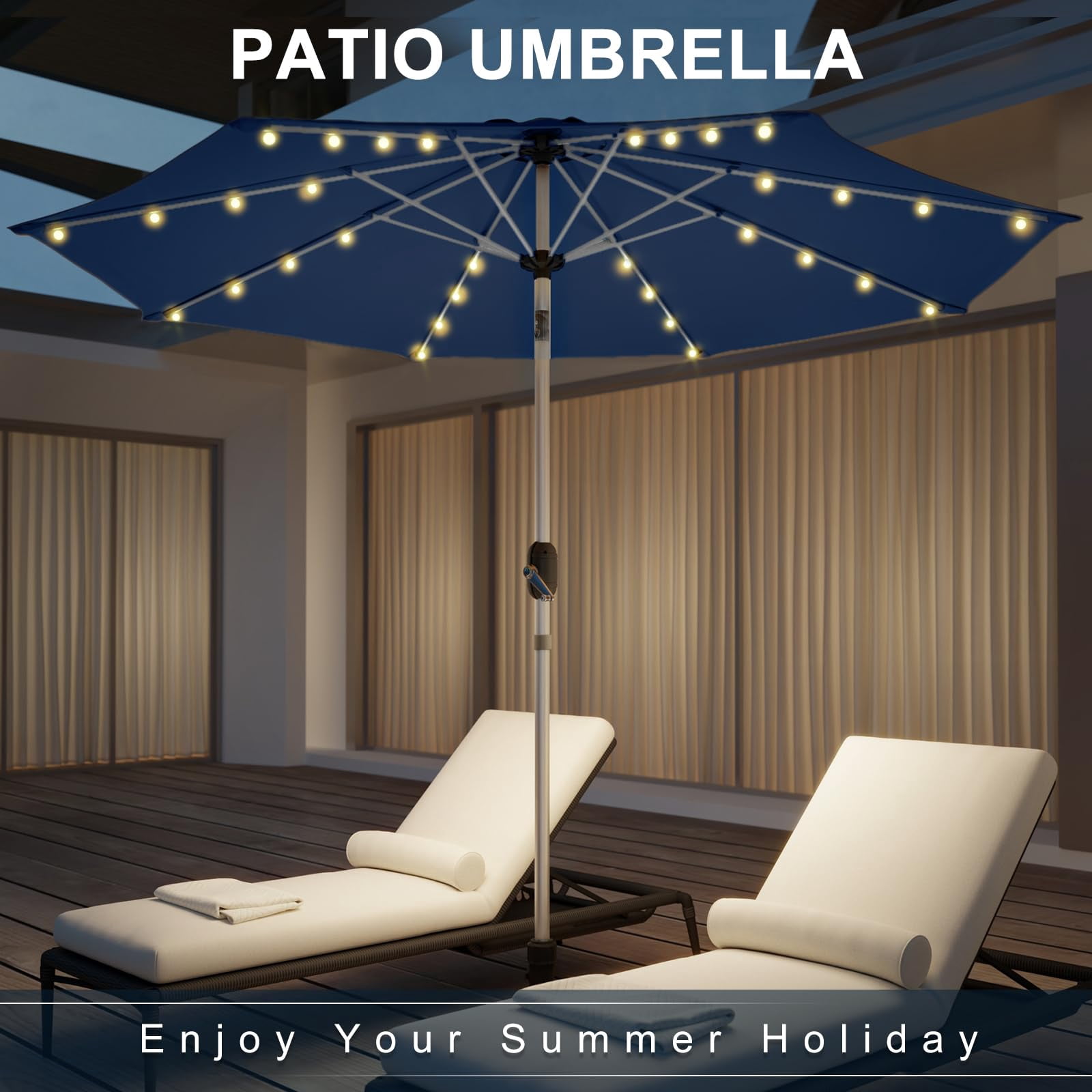 UPHYB 9FT 40 Solar Lighted Patio Umbrella, Fade-Resistant Outdoor Market Table Umbrella with Push Button Tilt Function, 8 Sturdy All-Aluminum Ribs for Gardens, Decks, Backyards & Pools (Navy Blue)