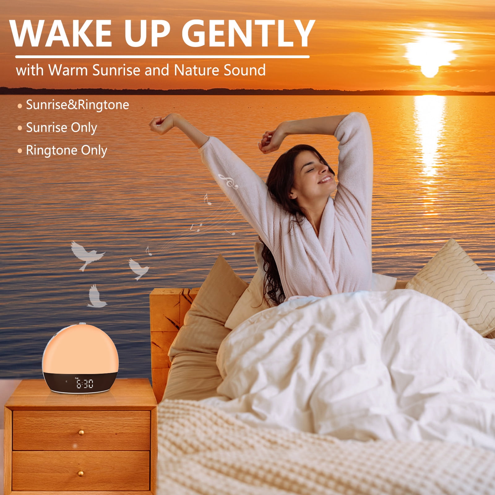 Sunrise Alarm Clock Sound Machine, Wake Up Light with Sunset Simulation, Dimmable Clock for Bedroom, Night Light & 25 Sleep Sounds, White Noise Machine,Wake Up Light Alarm Cloc