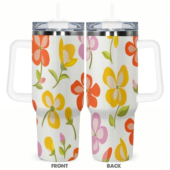40oz Colorful Floral Tumbler with Handle and Straw Bright Spring Flower Stainless Steel Insulated Travel Coffee Cup Gift for Women