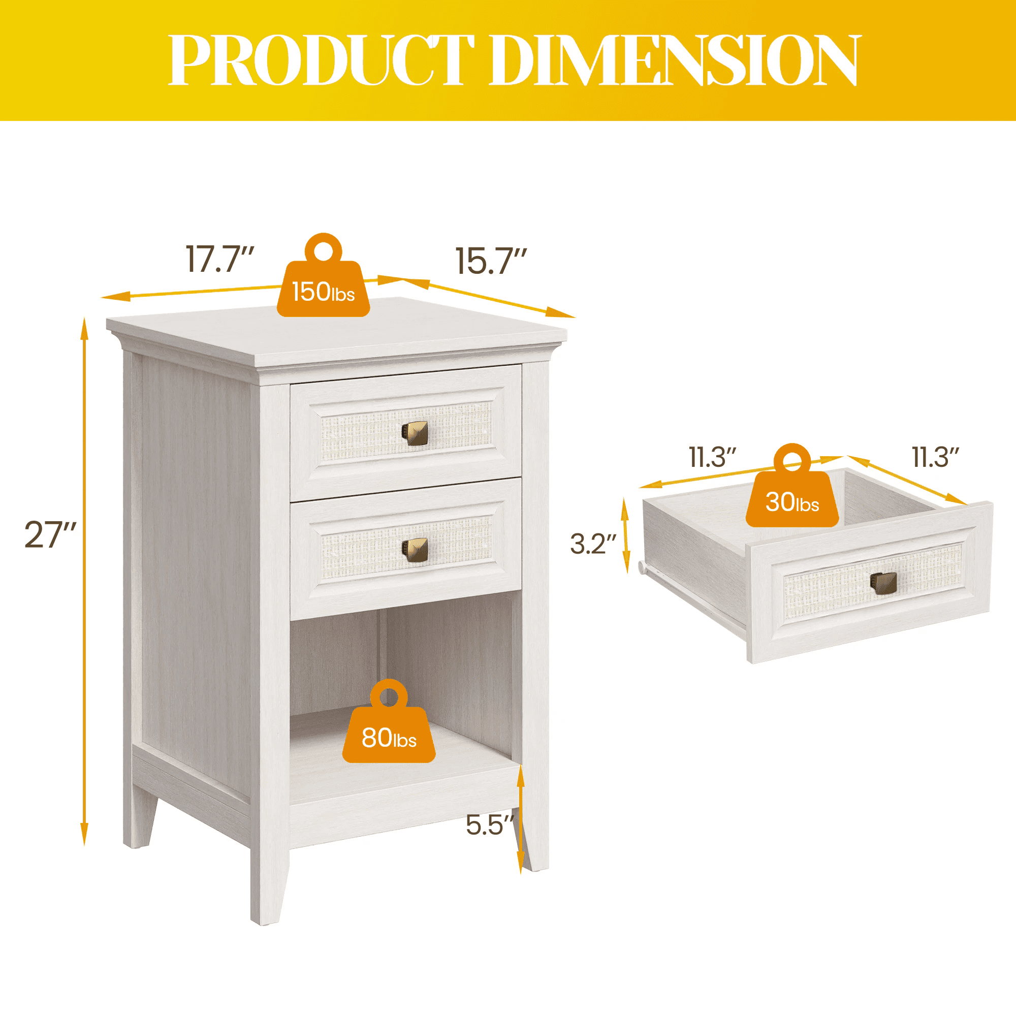 Mintazer Farmhouse Rattan Nightstand Set of 2, Bedside Table with 2 Drawer & Open Storage Compartment, Accent End Table for Bedroom & Living Room, White