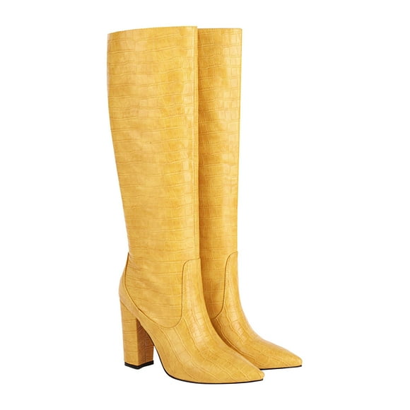 hopeusnice Women's Knee High Boots Pointed Toe Chunky Heel Leather Boots Fall Winter Warm Comfortable Fashion Boots Yellow 43