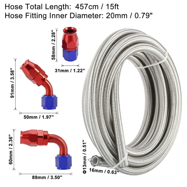 Unique Bargains Car Stainless Steel Braided 15ft 5/8 Fuel Line W/ An10 End Fitting For Ptfe Oil Hose Other