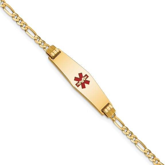 10K Yellow Gold Medical Soft Diamond Shape Red Enamel Figaro Id Bracelet (Width 7.5) (Length 8) - Jbsp