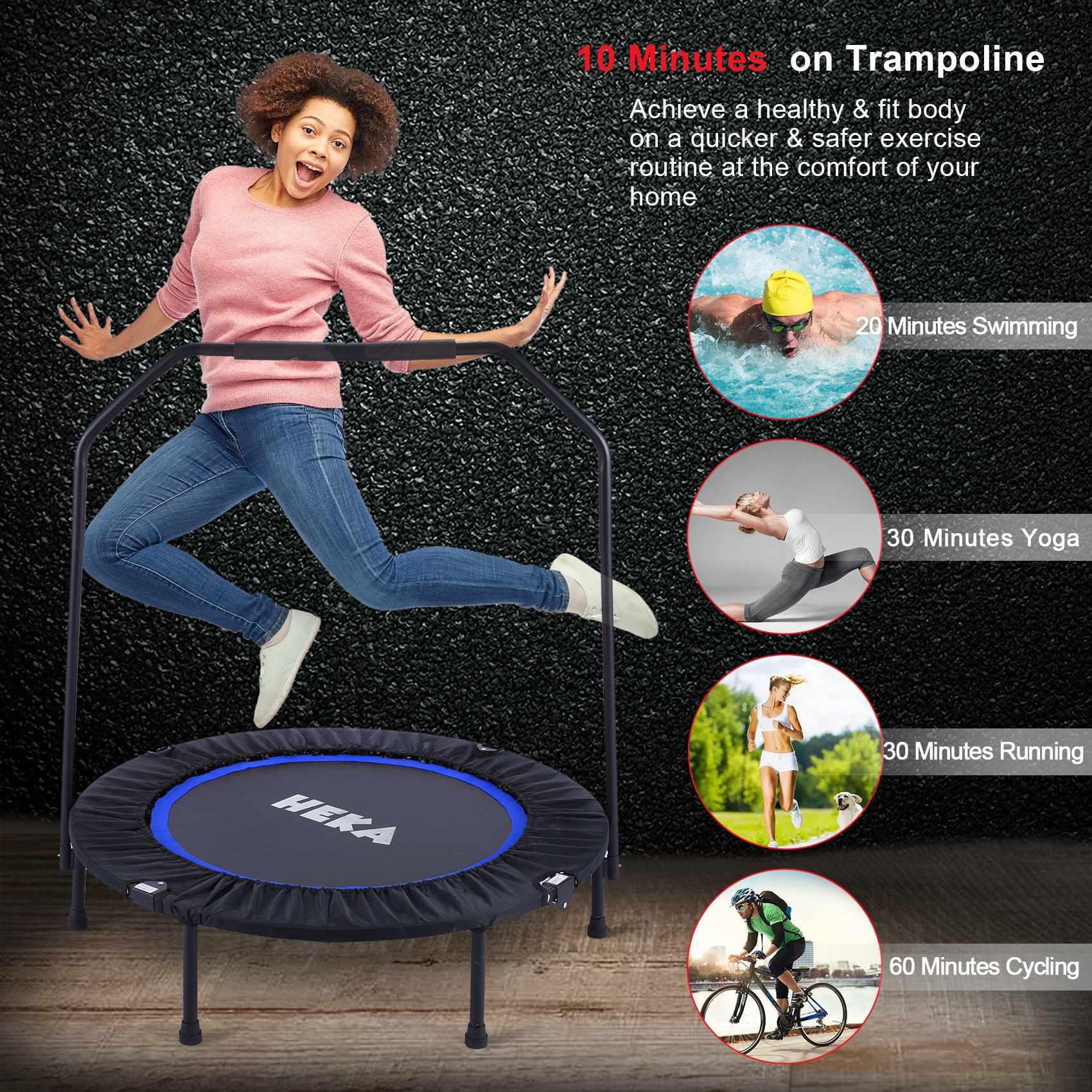HEKA 40'' Folding Mini Trampoline for Adults Kids, Jump Fitness Rebounder  with Foam Handle 32 Spring Exercise Bounce for Parent-Child Outdoor/Indoor  
