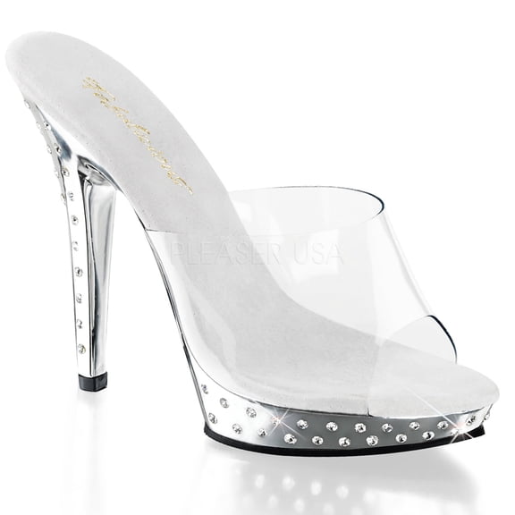 *5" Heel, 3/4" Rhinestone Studded Silver Chrome PF Slide - Clr/Slv Chrome, 9