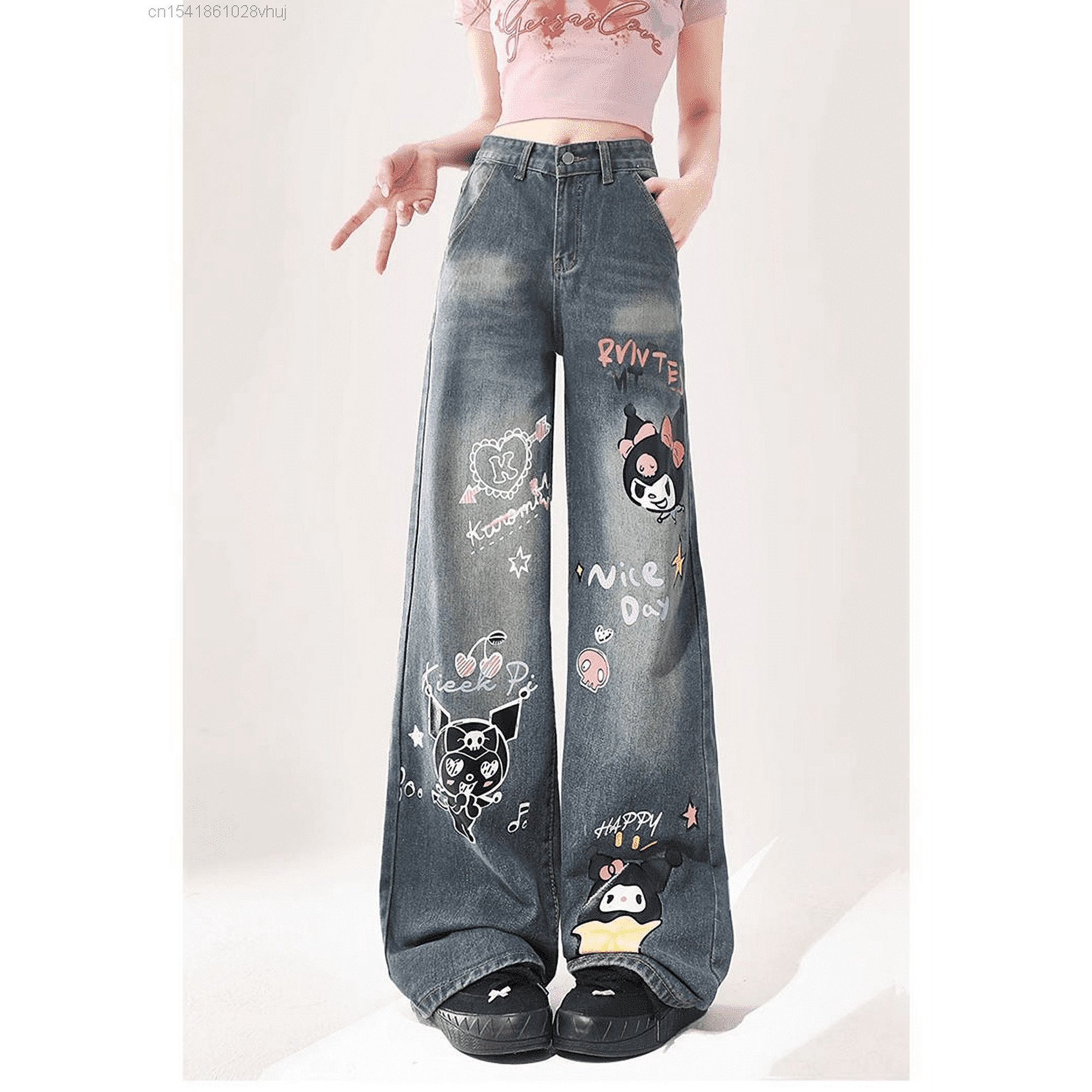 Sanrio Kuromi New Graffiti Jeans For Women High Waisted Wide