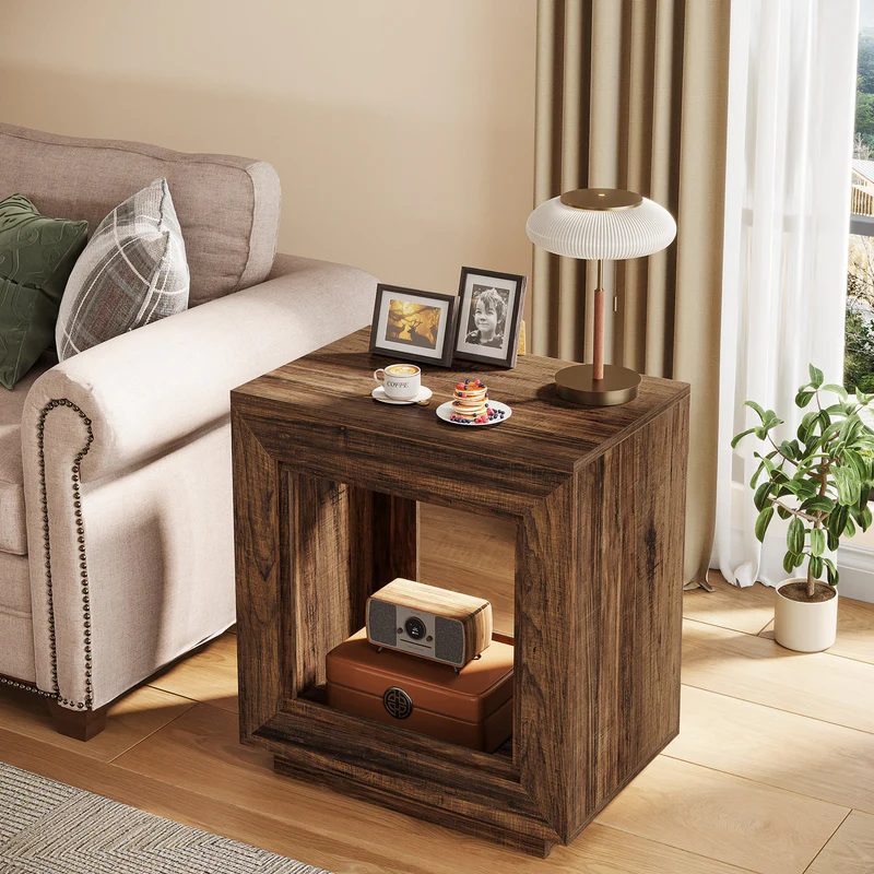 MAYEERTY Square Wood End Table, Rustic Walnut Finish Storage Side Table Nightstand for Living Room Bedroom