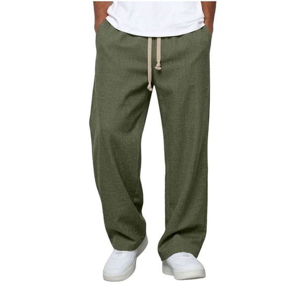 SAWOBUUN Men's Cotton Pants Relaxed Fit Casual Summer Pants Drawstring Elastic Waist Trousers