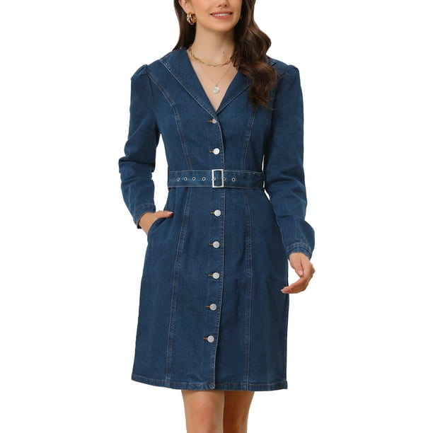 Vestido Camisero Vaquero para Mujer de Manga Larga con Botones 2023 cuello V y Solapa Vestido con Bolsillos con cinturón Azul oscuro XL