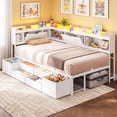 thumbnail image 5 of Corner Bed Frame Twin Size with 6 Drawers and Storage Bookcase, Twin Daybed with Charging Station & Led Lights, Metal Platform Beds for Living Room Bedroom,White, 5 of 16