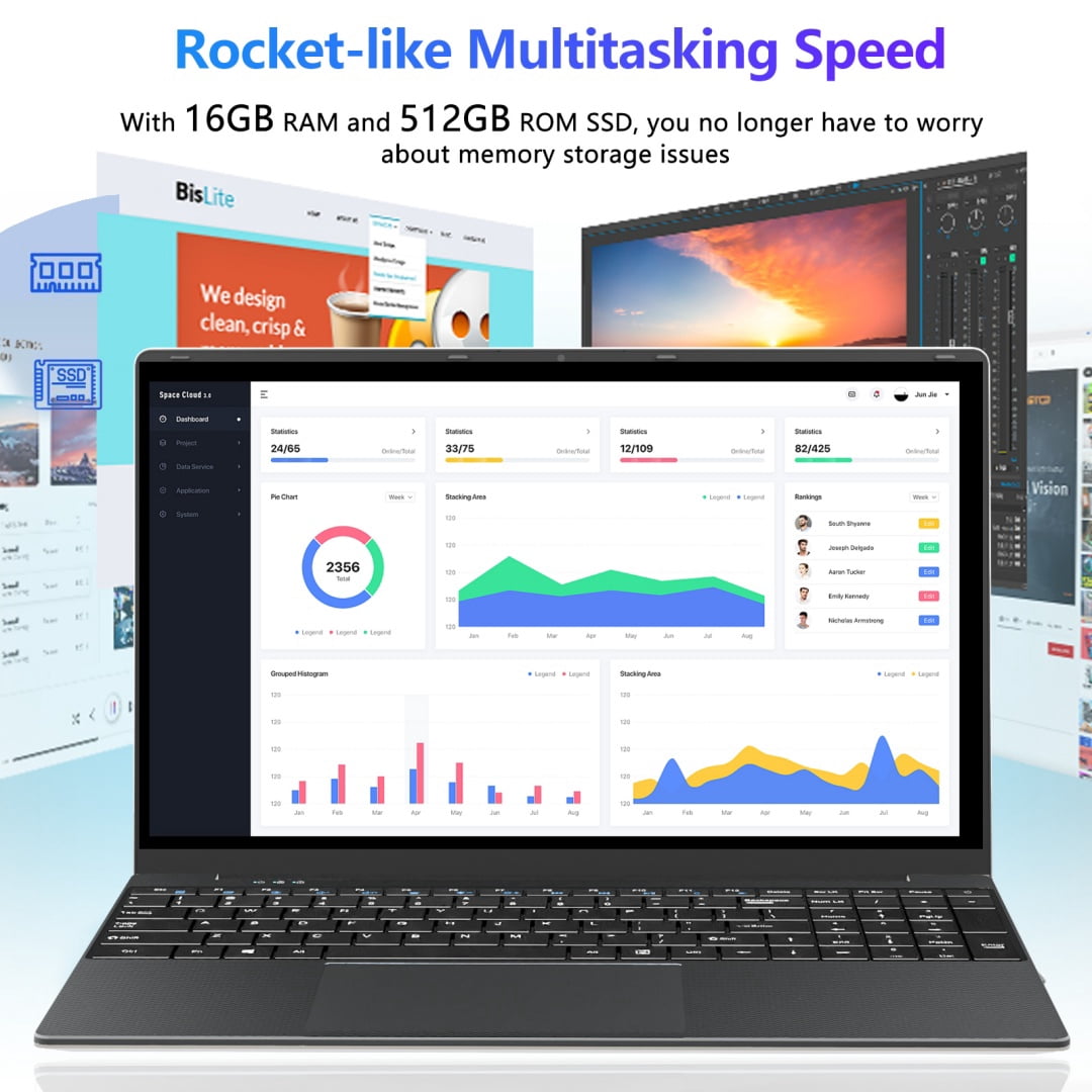 DUNHOO 15.6 Inch Laptop, 16GB RAM, 512GB SSD, Intel Core i5, Windows 11 Pro, Backlit Keyboard, Silver
