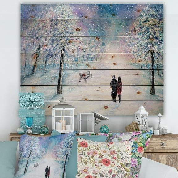 Designart 'Couple In Love Walks During Snowy Winter Times' Traditional Print on Natural Pine Wood