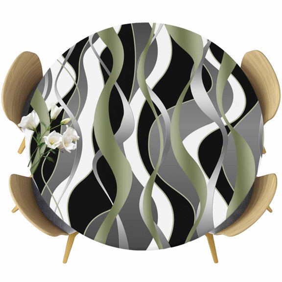 Sage Green Stripe Fitted Tablecloth with Elastic Edged, Round Table Cloth for Dining Table, Grey White Geometric Modern Abstract Waterproof Oil Proof Table Cover for Indoor Outdoor 55"-60"