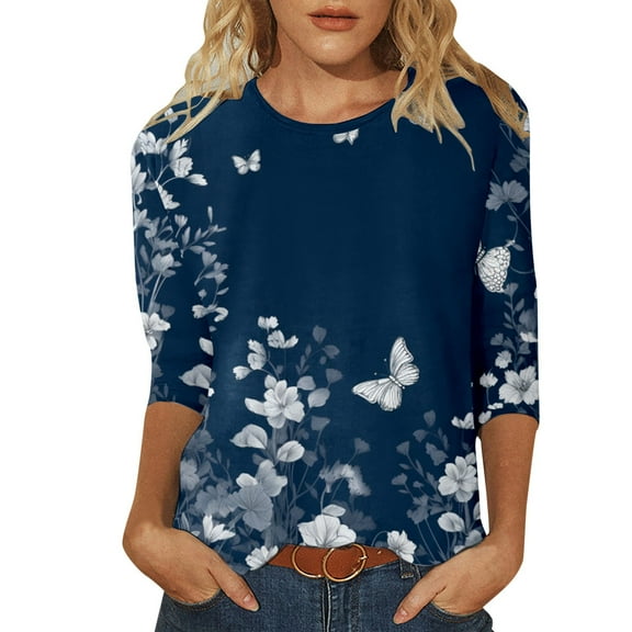 Tiweut Leisure Women Blouses 3/4 Sleeve Summer Slim Fit Round Neck Floral Print Shirts for Ladies Blue