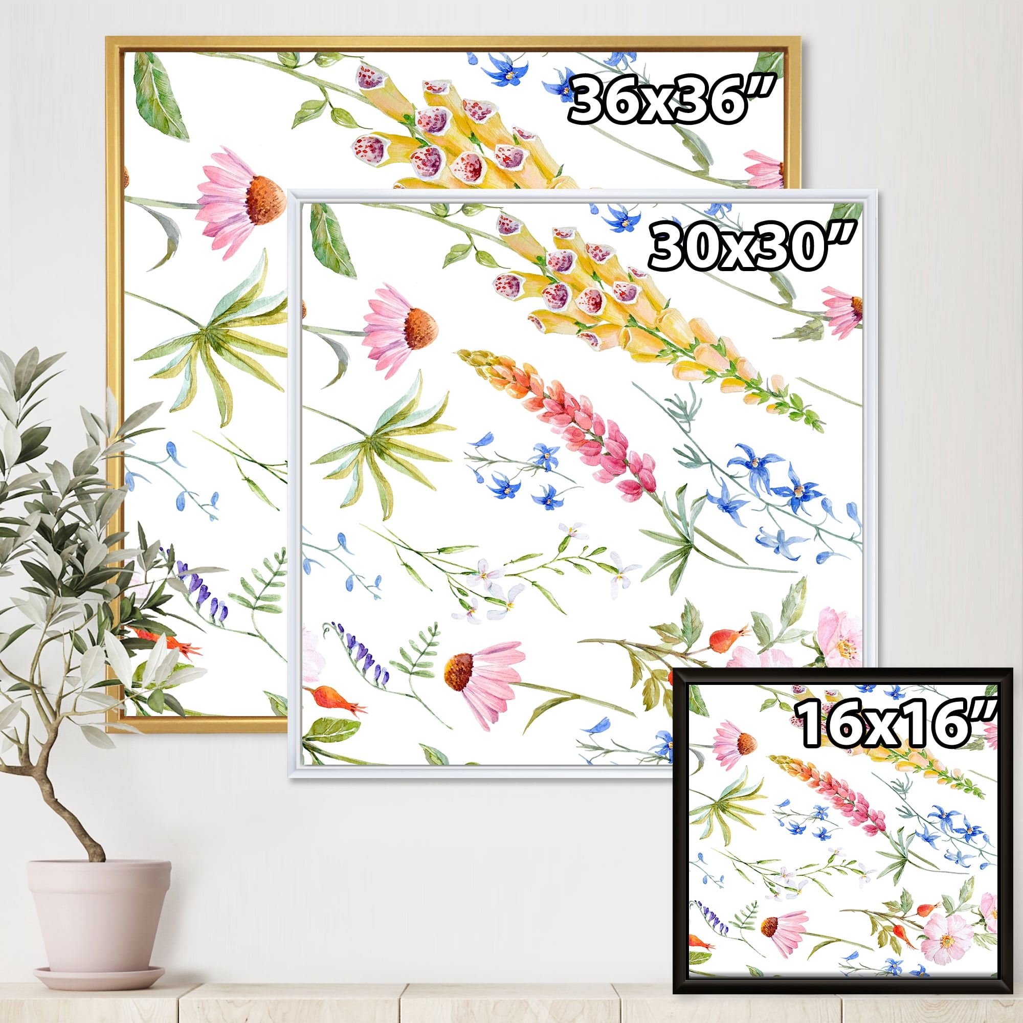 Designart 'Vibrant Summer Wildflowers On White I' Traditional Framed Canvas Wall Art Print