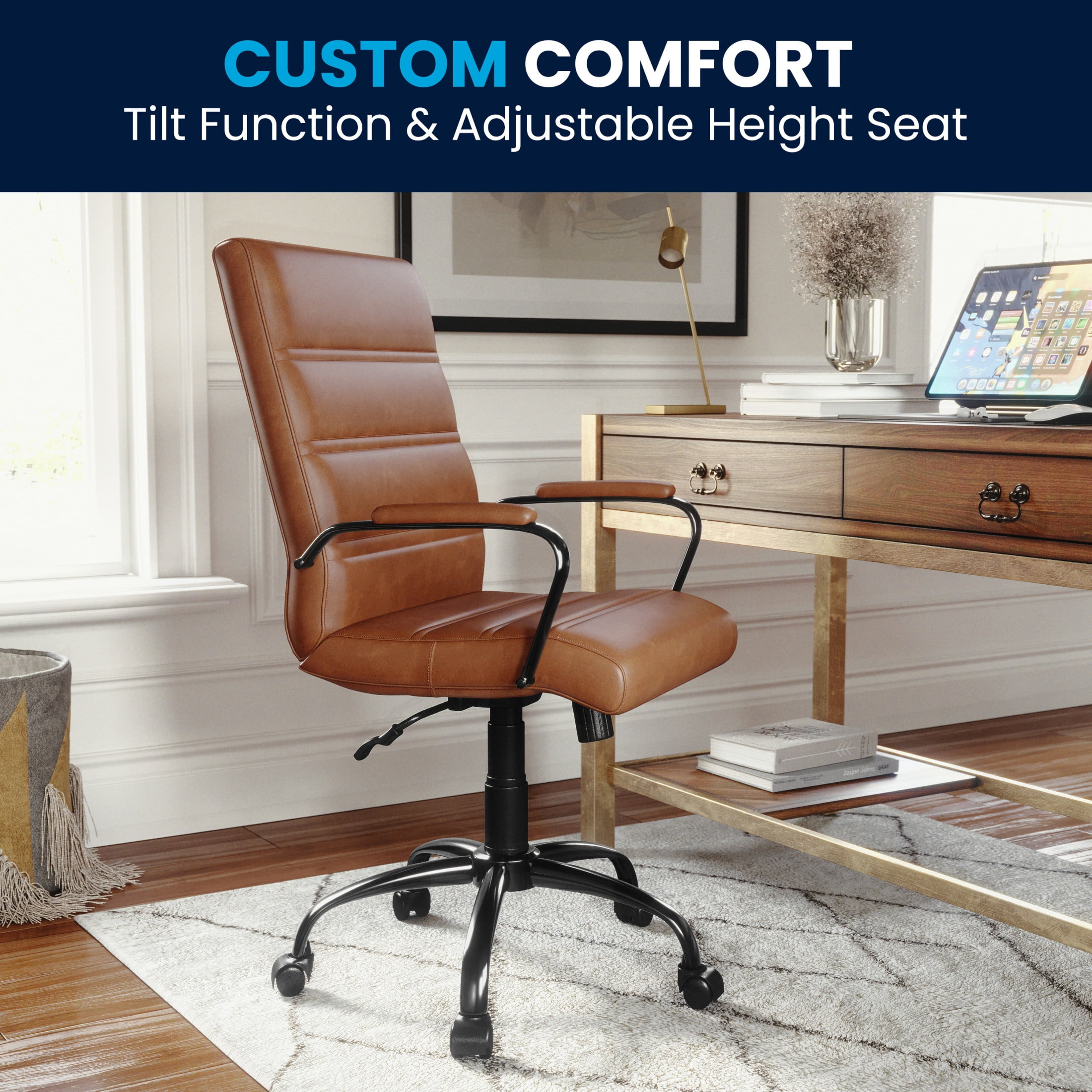 Flash Furniture Whitney Mid-Back Swivel LeatherSoft Desk Chair with Armrests, Brown/Black