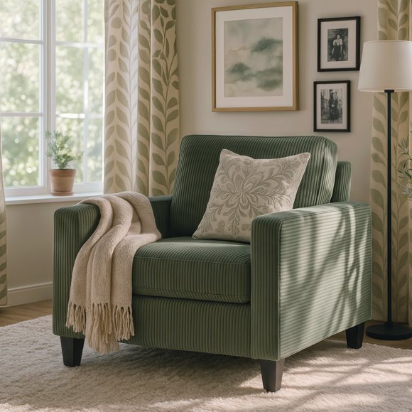 CorLiving Alton Green Corduroy Upholstered Square Accent Arm Chair with Wood Legs