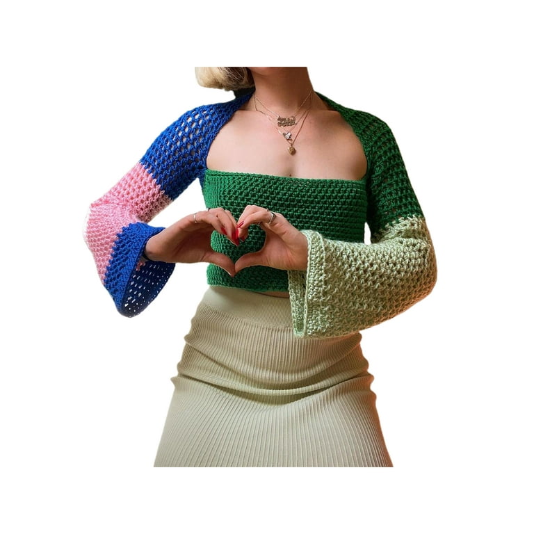 Women Y2K Long Sleeve Crop Top Crochet Knit Colorful Hollow Out Pullover  Vintage Summer Fall Sweater