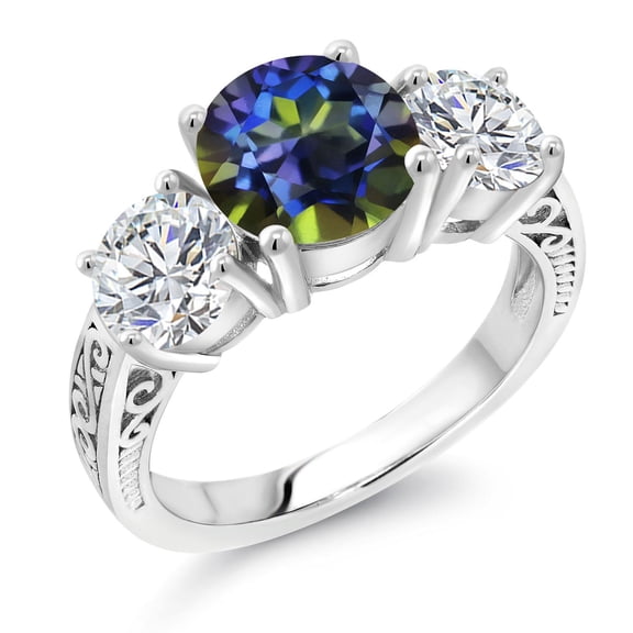 Gem Stone King 925 Sterling Silver Blue Mystic Topaz and Lab Grown Diamond Engagement Ring for Women | 3.48 Cttw | Round 8MM | Gemstone November Birthstone | Size 7