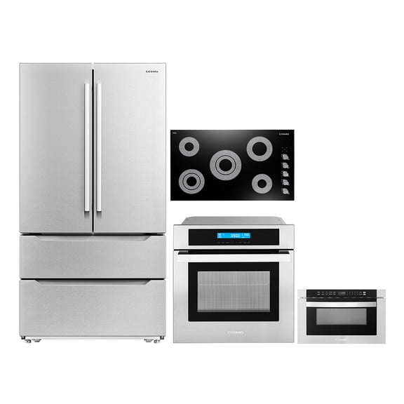 Cosmo 4 Piece Kitchen Appliance Package 36" Electric Cooktop 24" Single Electric Wall Oven 24" Built-In Microwave Drawer & French Door Refrigerator Kitchen Appliance Bundles