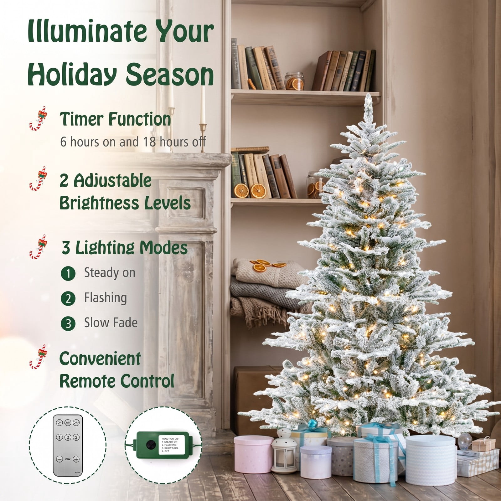 RUIE 6FT Snow Flocked Artificial Christmas Tree with 500 Cool White LED Lights, Remote Control, Timer & Hinged Branches, Pre-Lit Indoor Holiday Tree, Green & White
