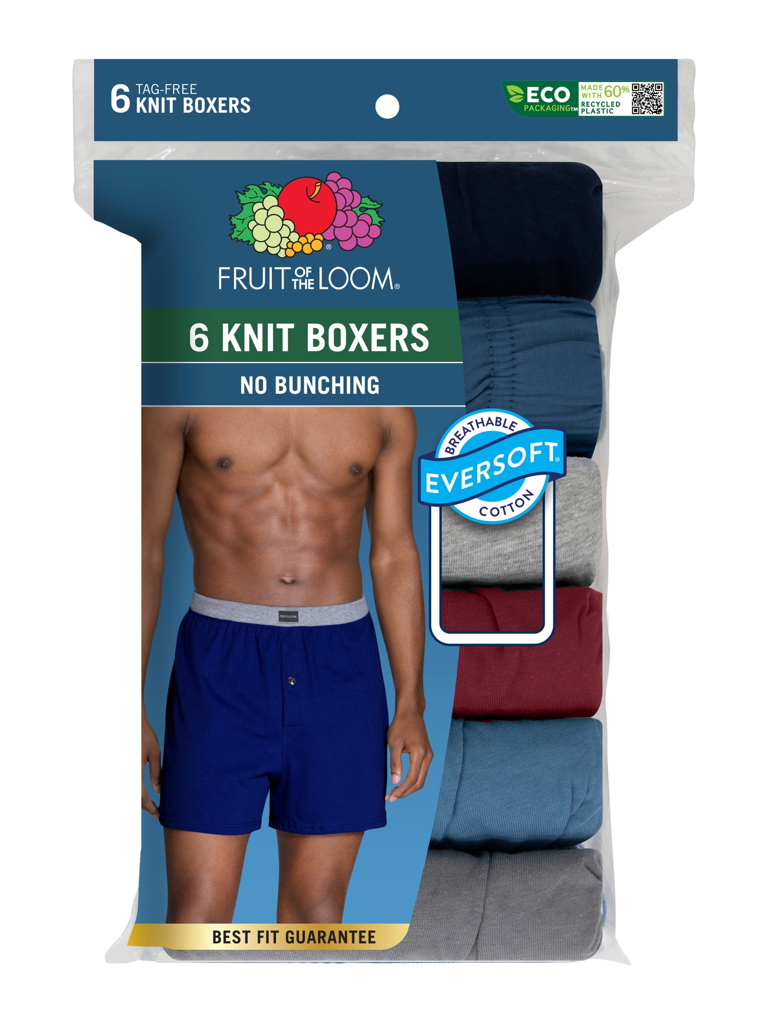 Fruit of the Loom Men's Knit Boxers - Relaxed Fit, Soft Cotton, Moisture-Wicking, 6-Pack, S-5XB