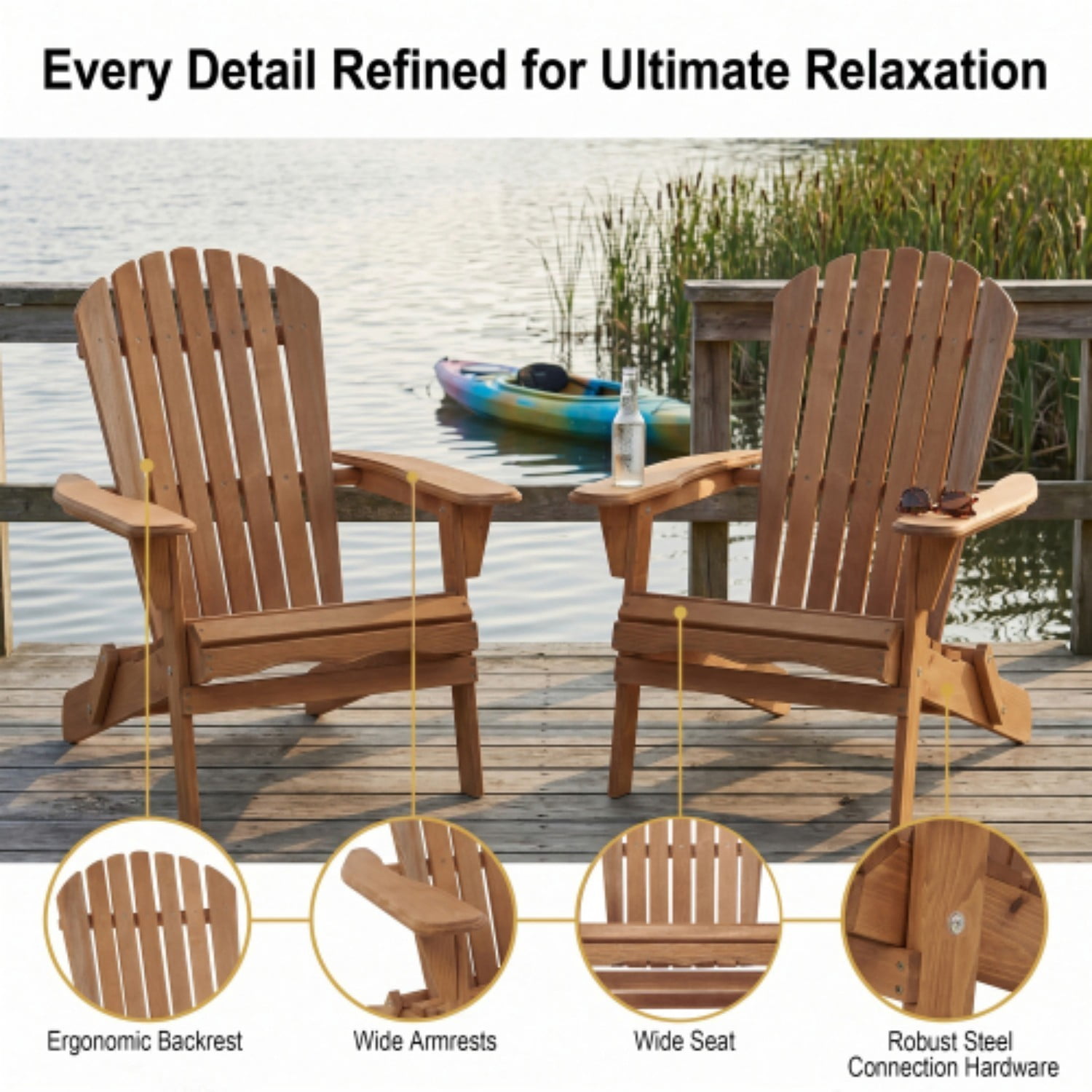 Adirondack Chairs Set of 2, Outdoor Wooden Folding Patio Chairs with Pre-Assembled Backrest, Hemlock Wood Chairs for Garden, Porch, Pool, Deck, Light Brown