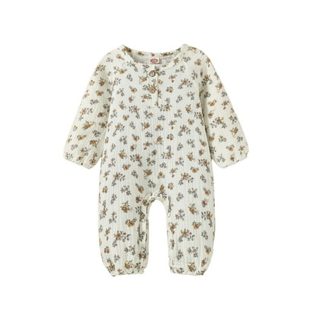 

Canrulo Newborn Infant Baby Girls Floral Jumpsuit Long Sleeve Romper Bodysuit Autumn Spring Outfits Beige 0-3 Months