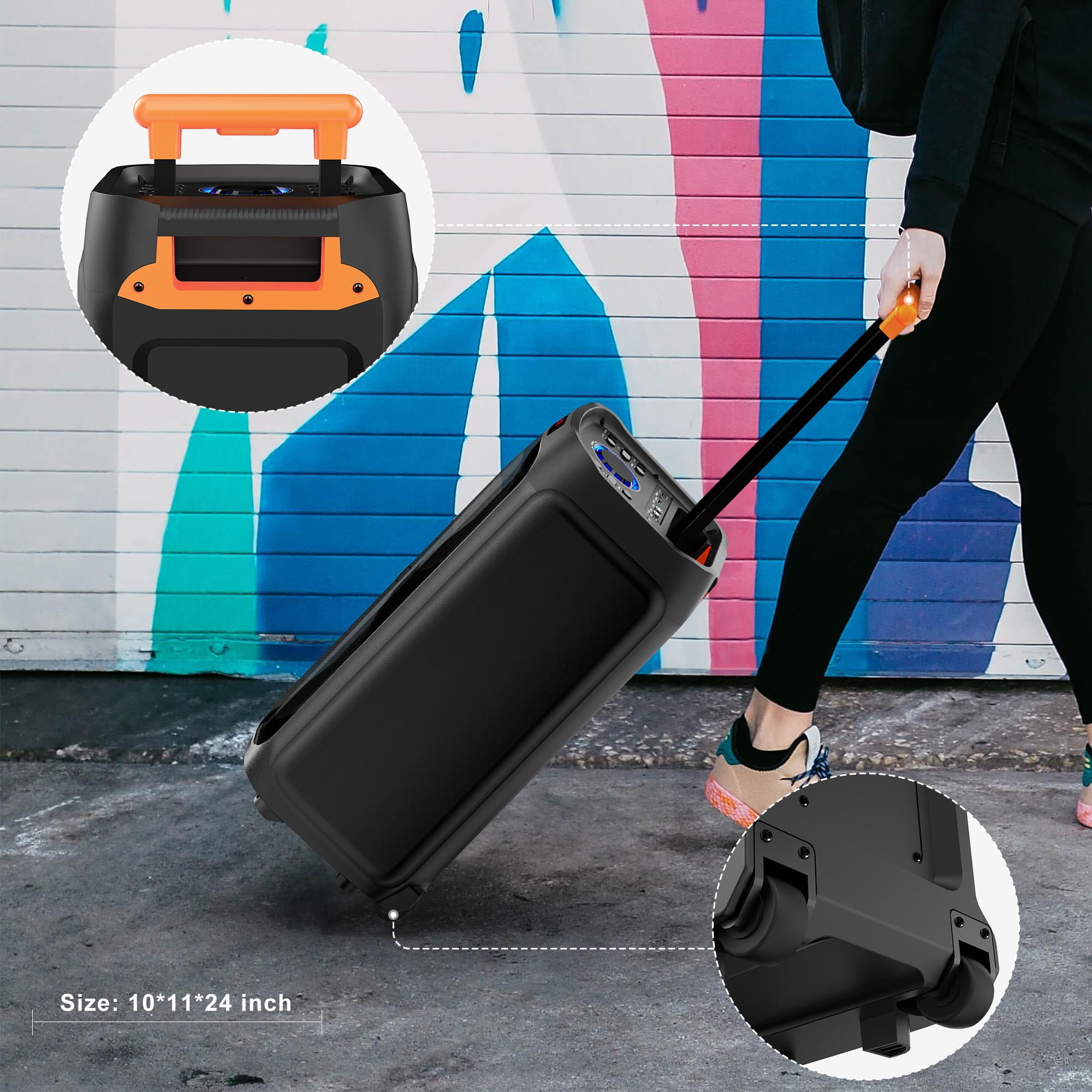 FanFun Large Party Speaker, Bluetooth Speaker with Wheels for Outdoor, Deep Bass System with Led Party Lights, Trolley Bar